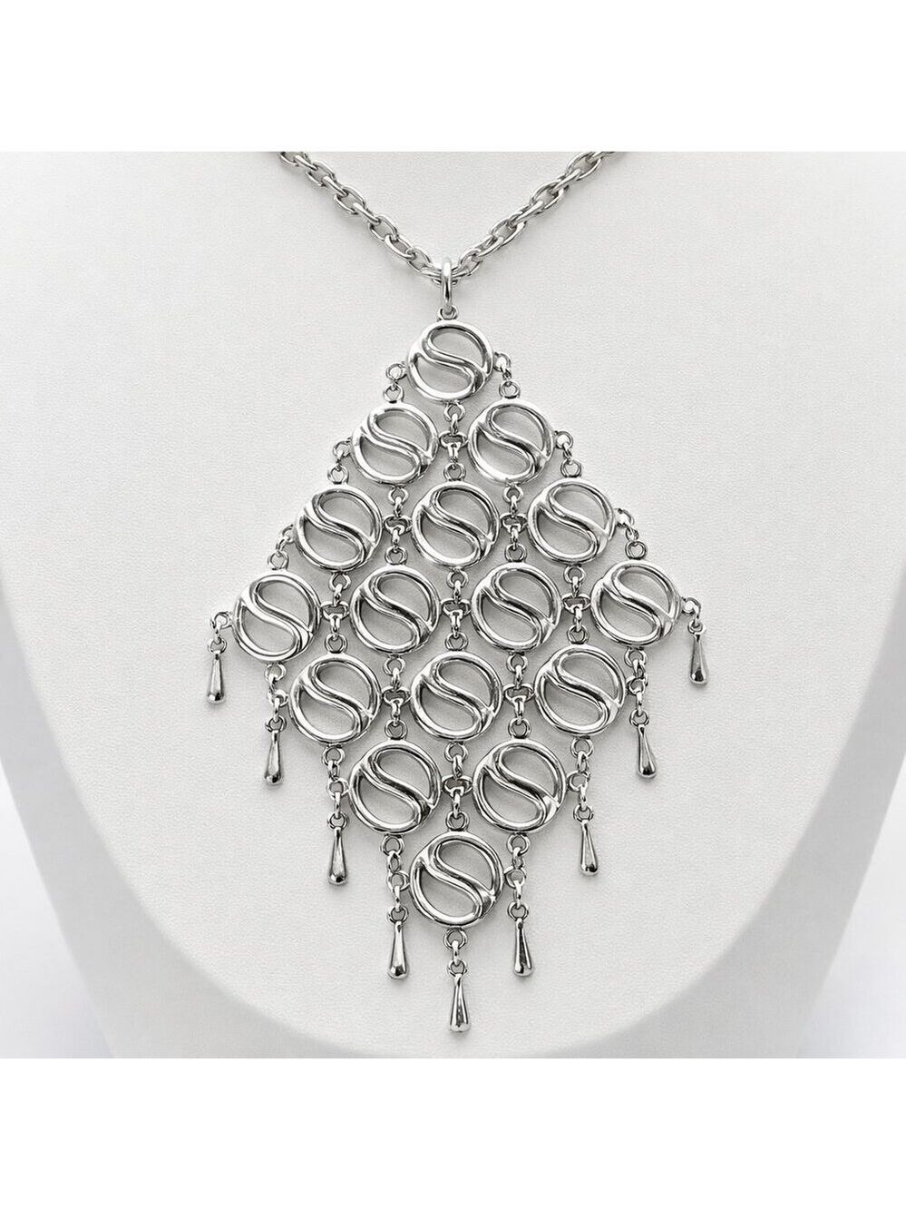 D'Orlan Bold Silver Cascade Pendant Necklace Modern Statement Jewelry 24''